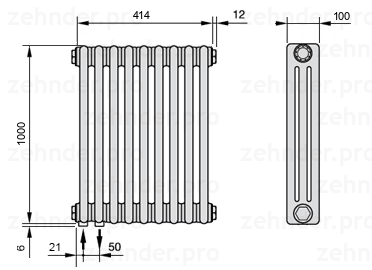 Схема (чертеж) Радиатор Zehnder Charleston 3100/9 №3370 Белый глянцевый RAL 9016